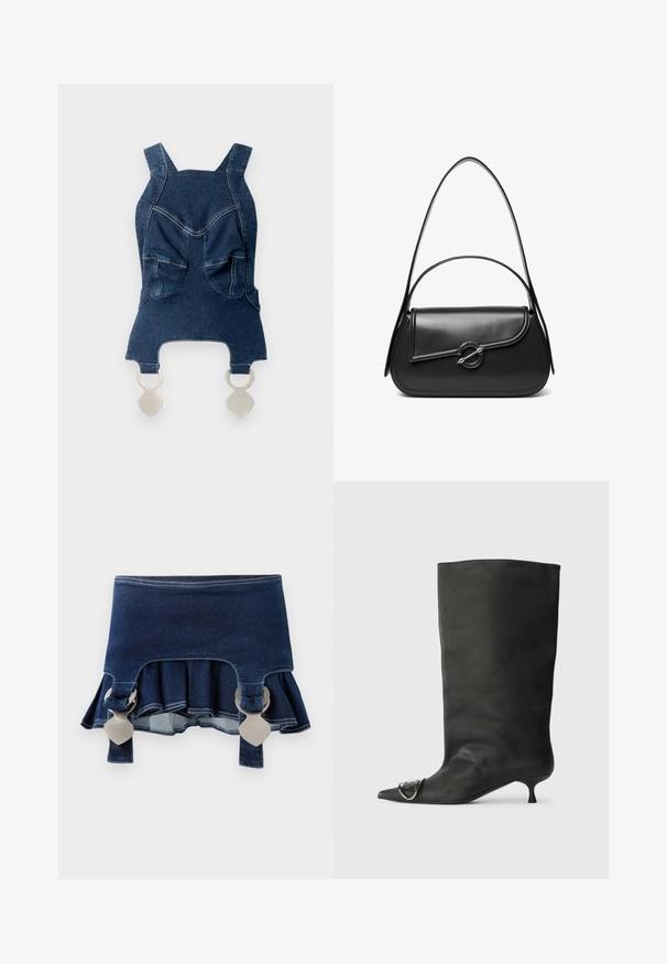 Denim top med brede skulderstropper, to forlommer, en buet halsudskæring og sølvhardware forneden til fastgørelse.; Denimnederdel med en udvidet bund. Har to justerbare grå spænder, mørkeblå farve og kontrasterende syninger langs kanten.; Sort læder ankelstøvle med spidse tå, lille hæl og metallisk detalje på tæerne. Glat, mat overflade hele vejen igennem.; Sort skuldertaske i læder med en buet klap, der er fastgjort med en rund metal spænde, og en slank, justerbar rem.