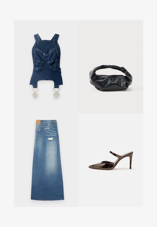 Denim top med brede skulderstropper, to forlommer, en buet halsudskæring og sølvhardware forneden til fastgørelse.; Denim maxi nederdel i lyseblå med høj talje, slidte detaljer, lommer og lige silhuet, lavet af bomuldsstof.; Skinnende mørkebrune mule med spids tå og høje hæle med en tynd rem over foden på en ensfarvet hvid baggrund.; Sort taske lavet af blankt, tekstureret materiale med et cirkulært, snoet håndtag og lynlås. Har et blødt, rynket design.