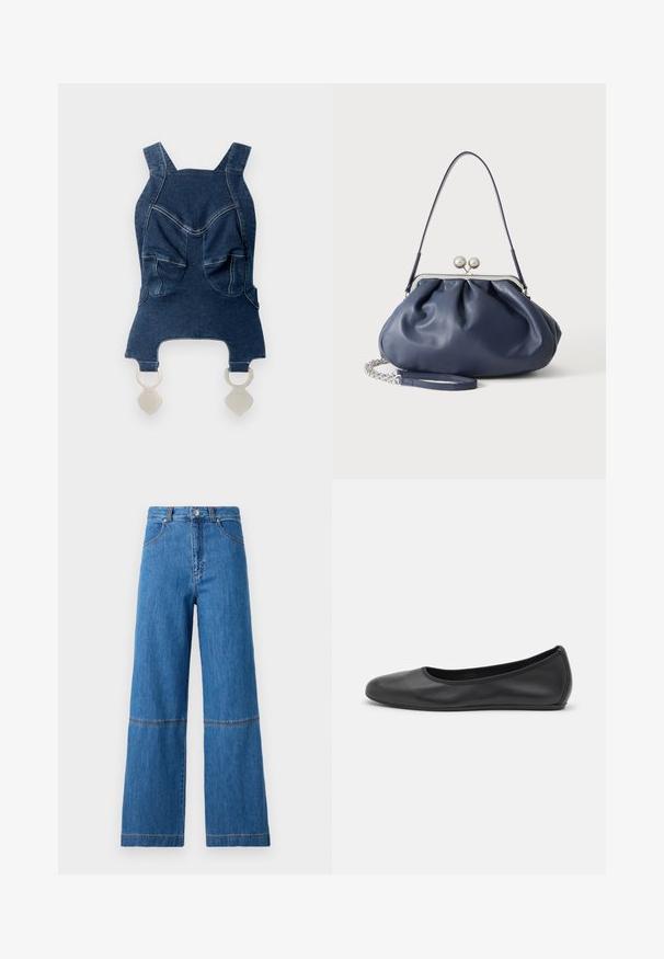 Denim top med brede skulderstropper, to forlommer, en buet halsudskæring og sølvhardware forneden til fastgørelse.; Bredde ben jeans i blå denim med høj talje, der har dobbelt stikning ved knæene og en tekstureret stofoverflade.; Sort læderballetsko med rund tå, glat tekstur, minimal syning og et fleksibelt såldesign.; Blød navyblå læderhåndtaske med sølv lukning, enkelt skulderrem og aftagelig kæde til håndleddet på hvid baggrund.