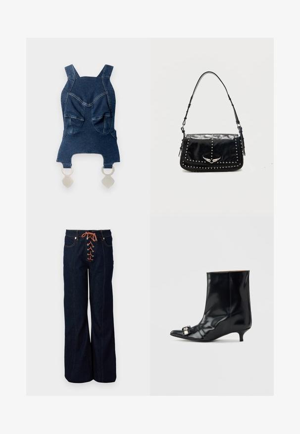 Denim μπλούζα με φαρδιές τιράντες, δύο μπροστινές τσέπες, καμπύλο ντεκολτέ και ασημί αξεσουάρ στο κάτω μέρος για κλείσιμο.; Σκούρο μπλε τζιν παντελόνι ψηλής μέσης με καμπάνα, διακοσμημένο με κορδόνια μπροστά, πορτοκαλί κορδόνια και αντιθετικές ραφές.; Μαύρο δερμάτινο μποτάκι αστραγάλου με μυτερή μύτη, χαμηλό τακούνι στιλέτο και διακοσμητική ασημένια αγκράφα στο πλάι κοντά στη μύτη.; Μαύρο δερμάτινο τσαντάκι ώμου με ασημί χάντρες και μεταλλικό έμβλημα με φτερά στην μπροστινή πτερύγια, σε μονόχρωμο φόντο.