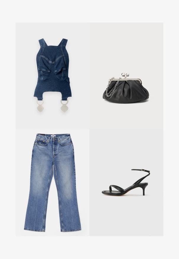Haut en denim avec de larges bretelles, deux poches avant, un décolleté arrondi et des éléments en métal argenté en bas pour la fermeture.; RE/DONE LOOSE - Jean bootcut - hacienda; Sandale pour femme en cuir noir avec fines lanières, une boucle d'orteil, une boucle à la cheville et un talon aiguille de hauteur moyenne sur un fond neutre.; Porte-monnaie en cuir noir avec texture froncée, cadre en métal argenté, fermeture à verrouillage kiss-lock et bandoulière en chaîne. Surface lisse et douce.