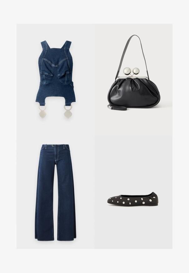 Denim μπλούζα με φαρδιές τιράντες, δύο μπροστινές τσέπες, καμπύλο ντεκολτέ και ασημί αξεσουάρ στο κάτω μέρος για κλείσιμο.; Πλατινά τζιν παντελόνια σε σκούρο μπλε χρώμα με εμφανή ραφή, μπροστινές τσέπες και κούμπωμα με κουμπί. Φτιαγμένα από ανθεκτικό ύφασμα τζιν.; Μαύρη μπαλαρίνα με ελαστικό πίσω μέρος και διάσπαρτα μεγάλα ασημένια στρογγυλά καρφιά στην επάνω πλευρά, εμφανίζεται σε προφίλ σε λευκό φόντο.; Μαύρη δερμάτινη τσάντα με στρογγυλό σχέδιο, μονό λουρί, ασημένιο μεταλλικό πλαίσιο και δύο μεγάλους στρογγυλούς ασημένιους κλειδώματα.