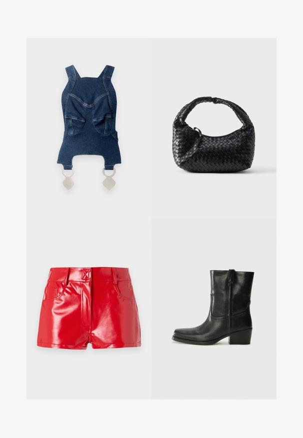 Denim top med brede skulderstropper, to forlommer, en buet halsudskæring og sølvhardware forneden til fastgørelse.; Røde faux læder shorts med en blank finish, der har høj talje, forlommer og syningsdetaljer. Struktureret, tætsiddende design.; Sort læder ankelstøvle med rundt tå, blokhæl, lynlås i siden og stikninger på vampsiden. Glat tekstur, klassisk design.; Sort flettet håndtaske med en rundet form, tekstureret finish og et buet håndtag. Har et diskret logo på forsiden.