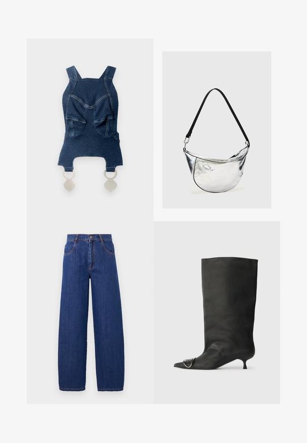 Top de denim con tirantes anchos, dos bolsillos frontales, un escote curvado y herrajes plateados en la parte inferior para el cierre.; Vaqueros de mezclilla azul de pierna ancha con cintura alta, que cuentan con bolsillos delanteros y costuras naranjas. La tela tiene una textura suave y un acabado clásico.; Bota de cuero negra hasta el tobillo con punta afilada, tacón pequeño y detalle metálico en la punta. Textura suave y mate en toda la superficie.; Bolso de hombro metálico plateado con forma de media luna, con correa negra ajustable y cierre de cremallera sobre fondo liso claro.