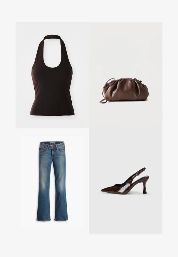 Top noir à halter en tissu doux, avec un col large en scoop et une silhouette ajustée, sans motifs ni ornements supplémentaires.; Jeans bootcut en denim bleu avec cinq poches et une fermeture à bouton, présentant des zones décolorées sur les cuisses et les genoux.; Talons slingback en cuir verni brun avec un bout pointu, un talon fin, et une sangle réglable avec une petite boucle.; Sacoche en cuir marron doux avec un haut froncé et une fine bandoulière, posée sur un fond blanc.