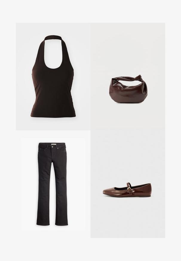 Top noir à halter en tissu doux, avec un col large en scoop et une silhouette ajustée, sans motifs ni ornements supplémentaires.; Jean noir en denim, avec une coupe droite, taille standard, cinq poches et des détails de couture subtils.; Ballerine en cuir verni marron avec un bout carré et une lanière ornée d'une petite boucle dorée. Texture lisse, talon bas et design minimaliste.; Sac bandoulière en cuir marron foncé avec une forme souple et décontractée et une anse nouée torsadée sur un fond blanc uni.