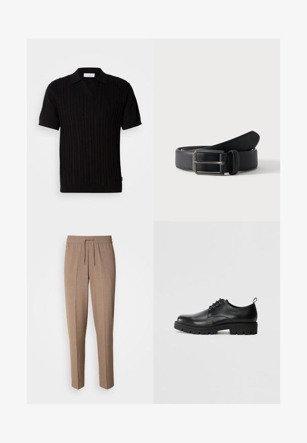 Sort kortærmet polo med ribstrikket tekstur, med V-udskæring og kabelstrikket mønster. Stoffet er glat med en diskret glans.; Brune, vævede bukser med en afslappet pasform, snøre i taljen og frontfald. Lige ben og ingen synlige lommer eller metaldele.; Sort læder sko med en rund tå, der har snørelukning, solid sort gummisål og en lille hælflap bagpå.; Sort læderbælte rullet med rektangulært sølvfarvet metalspænde på en ensartet lys baggrund.