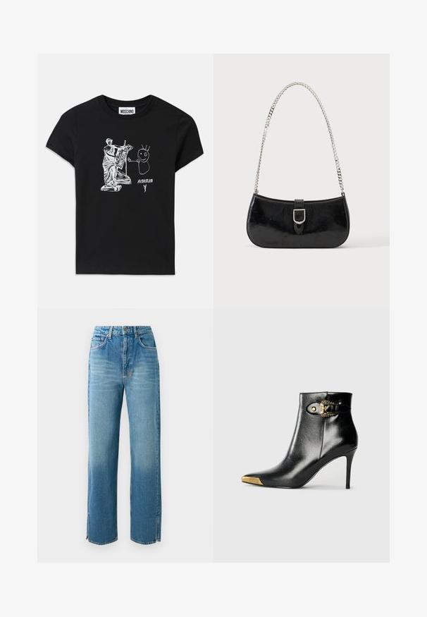 Zwarte katoenen T-shirt met een witte grafiek van een klassieke standbeeld dat een lier speelt, naast een stokfiguur met stekelig haar en tekst.; Lichtblauwe denim jeans met hoge taille, rechte pijpen en zijsplitten aan de onderkant. Beschikt over een traditionele vijf-pocketontwerp en knoopsluiting.; Zwarte enkellaars van glanzend leer met een spits toelopende neus, naaldhak en goudkleurige sierhardware met een decoratieve gespdetail.; Zwarte lakleren schoudertas met een zilveren gespdetail en een zilveren kettingriem, getoond tegen een effen lichte achtergrond.