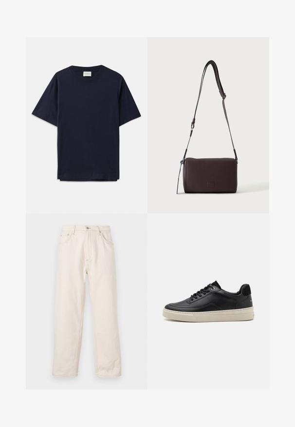 Donkerblauwe katoenen T-shirt met korte mouwen, ronde halslijn en een ontspannen pasvorm. Etiket leest "CLOSED" bij de halslijn. Vette textuur.; Beige rechte jeans gemaakt van denim, met een knoopsluiting, vijf zakken en zichtbare stikseldetails. Gladde textuur.; Zwart leren sneaker met een laag profiel, voorzien van een crèmekleurige rubberen zool, ronde neus en vetersluiting, geaccentueerd met een zwarte suede hiel.; Donkerbruine gestructureerde leren crossbodytas met verstelbare riem en klein decoratief blauw accent aan de zijkant.