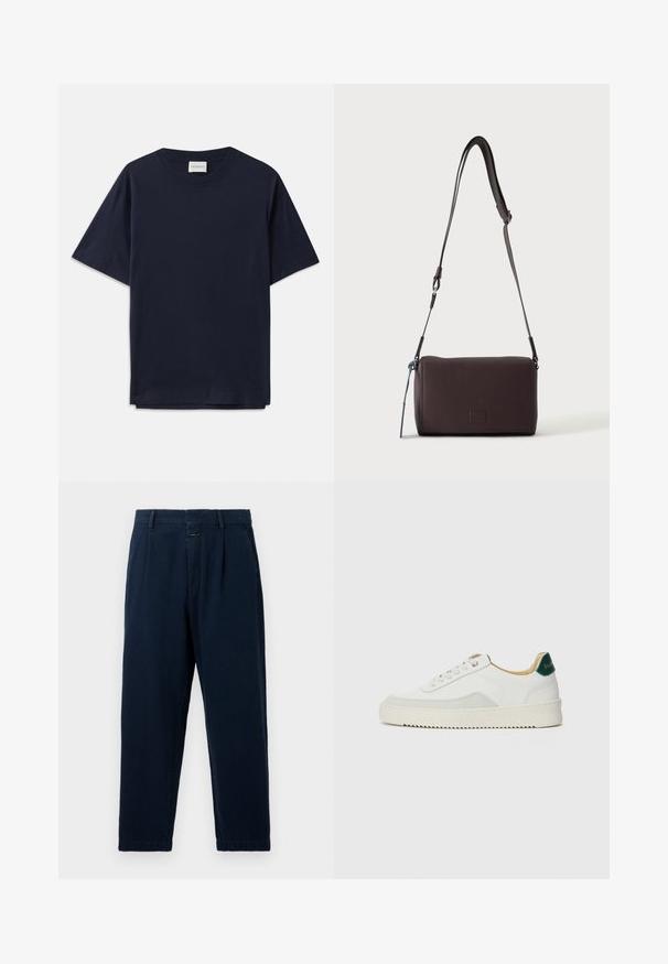 Donkerblauwe katoenen T-shirt met korte mouwen, ronde halslijn en een ontspannen pasvorm. Etiket leest "CLOSED" bij de halslijn. Vette textuur.; CLOSED BLOMBERG - Baggy jeans - dark blue; Witte sneaker met suède accenten, ronde neus, platte veters en een crème rubberen zool. Bevat groene branding op de hiel.; Donkerbruine gestructureerde leren crossbodytas met verstelbare riem en klein decoratief blauw accent aan de zijkant.