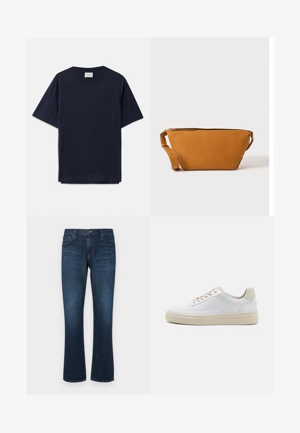 Donkerblauwe katoenen T-shirt met korte mouwen, ronde halslijn en een ontspannen pasvorm. Etiket leest "CLOSED" bij de halslijn. Vette textuur.; Donkerblauwe denim jeans met een rechte pijp, vijf zakken en een metalen knoopsluiting. Glad materiaal met subtiele vervaging.; Witte sneaker met een gevoerd leren bovenwerk, beige veters en een gestructureerde beige suede hieltab. Verhoogde zool voor extra hoogte.; Lichtbruine leren crossbodytas met verstelbare band en ritssluiting, getoond tegen een effen lichte achtergrond.