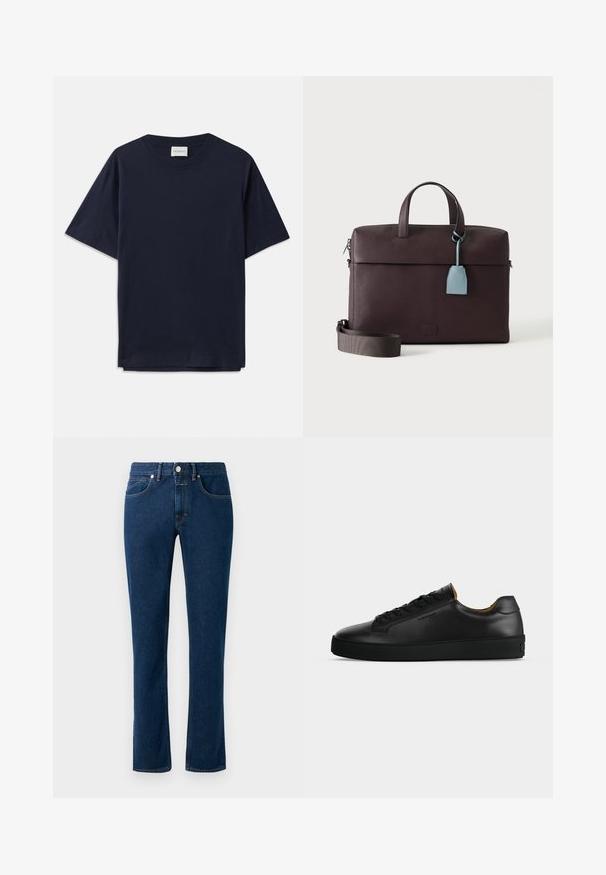 Dunkelblauses Baumwoll-T-Shirt mit kurzen Ärmeln, Rundhalsausschnitt und lockerer Passform. Das Etikett am Ausschnitt trägt den Schriftzug "CLOSED". Glatte Textur.; Dunkelblaue Denim-Jeans mit einem schlanken, geraden Bein, klassischem Fünf-Taschen-Design und einem Knopfverschluss am Bund.; Schwarzer flacher Ledersneaker mit schwarzen Schnürsenkeln, strukturierter Gummisohle und kleinem eingeprägtem Logo an der Seite, im Profil vor grauem Hintergrund gezeigt.; Dunkelbraune Leder-Aktentasche mit oberen Griffen, abnehmbarem Schulterriemen und hellblauem Lederanhänger, der von einem Griff hängt.