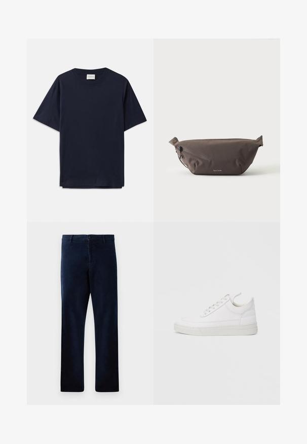T-shirt en coton bleu marine à manches courtes, col rond et coupe décontractée. L'étiquette indique "CLOSED" au niveau du col. Texture lisse.; Pantalons bleu marine en tissu doux et texturé, avec une fermeture à bouton et une coupe droite, dotés de détails de couture subtils.; Baskets en cuir blanc avec un embout arrondi, une semelle plate et un laçage à l'avant. Présentent des détails de couture et un col rembourré pour plus de confort.; Sac banane en tissu marron foncé avec poche zippée en diagonale et petit logo blanc sur le devant, sur un fond clair uni.