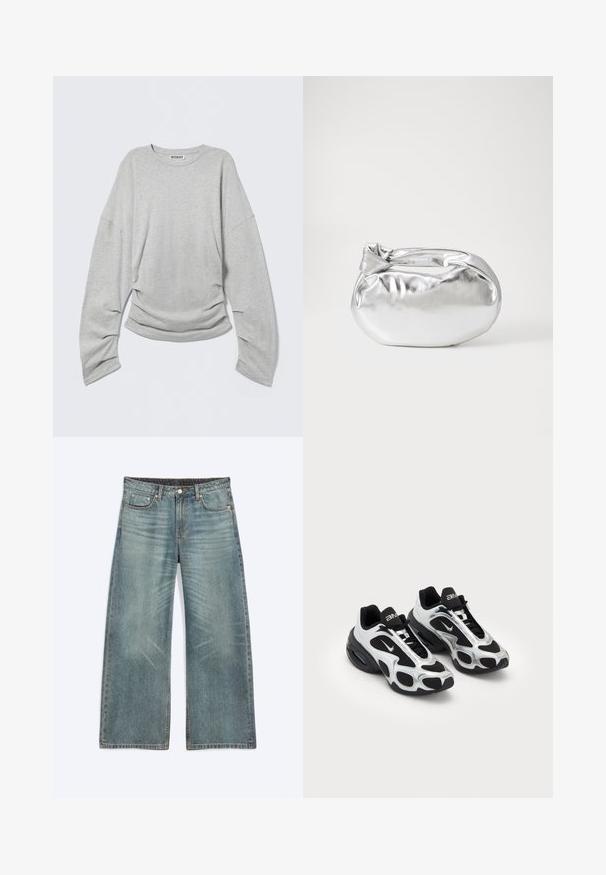 Camiseta de manga larga gris claro con un corte relajado, cuello redondo y detalles fruncidos en los laterales, confeccionada en suave algodón.; Vaqueros de mezclilla azules de pierna ancha con bolsillos delanteros, trabillas para cinturón, cierre de botón y detalles sutiles de desgaste en los muslos y las rodillas.; Zapatos deportivos negros y plateados con parte superior de malla y sintético, que presentan un diseño ondulante distintivo y un collar acolchado, con amortiguación de aire en la suela.; Bolsa de pouch metálica plateada con una forma suave y redondeada y un cierre en la parte superior con un nudo. Hecha de un material de imitación de cuero suave.