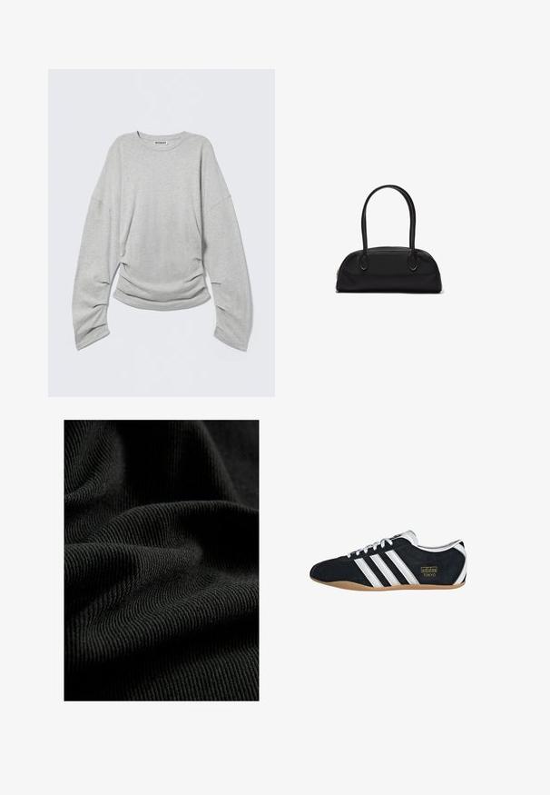 Lysegrå langærmet t-shirt med afslappet pasform, rund halsudskæring og detaljer med rynker i siden, lavet af blødt bomuldsstof.; Sorte ribbet stof med en struktureret overflade, der fremhæver subtile folder og kurver. Materialet ser let og fleksibelt ud.; Sort ruskinds sneaker med hvide tre striber, guldlogo og en brun gummisål. Har et lavprofil snørebåndsdesign.; Sort læderhåndtaske med lange, runde håndtag og en buet, rektangulær form, der har en lynlåslukning øverst.