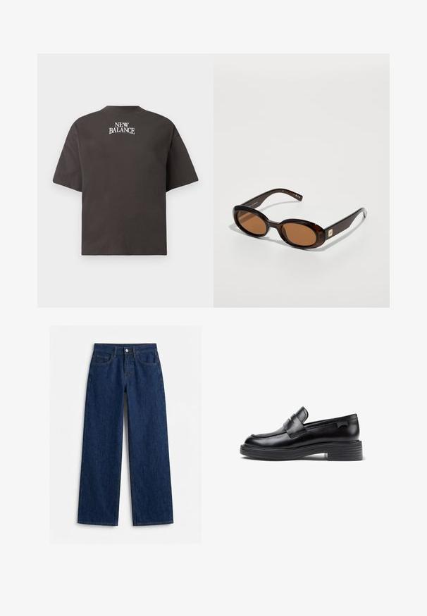Kortærmet t-shirt i trækulgrå med "NEW BALANCE" trykt i hvid tekst centreret nær den øverste del af ryggen.; Mørkeblå, højtaljede, lige ben denimjeans med forlommer, bæltestropper og sølvknaplukning på en ensfarvet hvid baggrund.; Sorte læder loafers med en rund tå, der har et syet design og en kraftig gummisål. Accenteret med en dekorativ strop.; Brune skildpadde-solbriller med ovale linser, der har en tynd stel og en lille metalaccent på siden. Struktureret og poleret overflade.