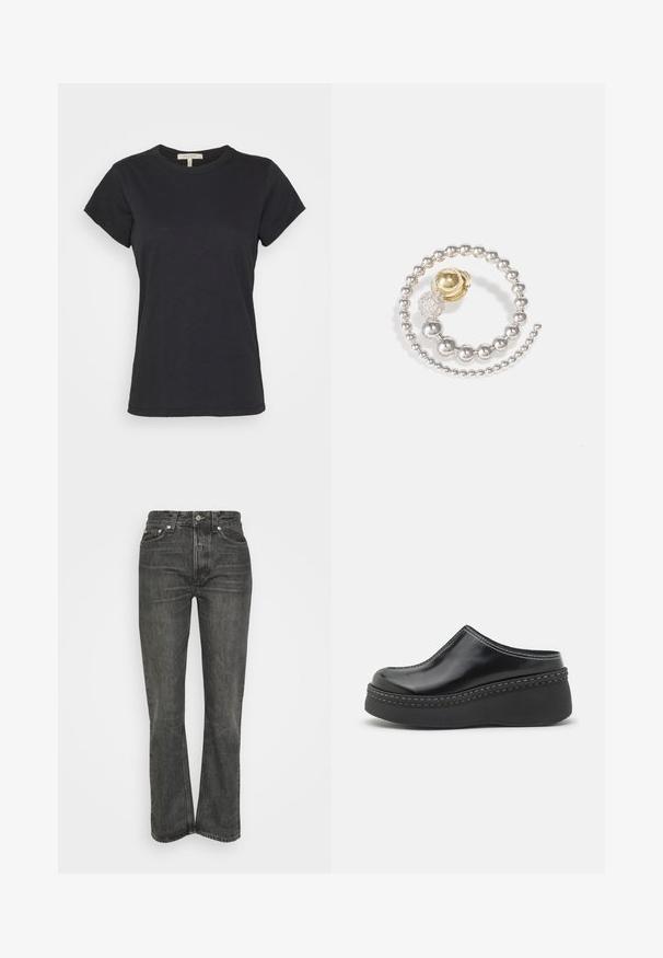 Sort kortærmet T-shirt lavet af blødt bomuld, med rund halsudskæring og et enkelt, rent design med en let afslappet pasform.; Sorte højtaljede jeans med lige ben. Har klassisk fem-lomme design og sølvhardware. Teksturert denimstof.; Sorte blanke klodser med platform, rund tå, buet overdelen og kontrasterende hvid sting langs kanten af sålen.; Metallisk ørering med et spiraldesign, sølvperler, en gylden accent og en struktureret kugledetalje med glitrende elementer.