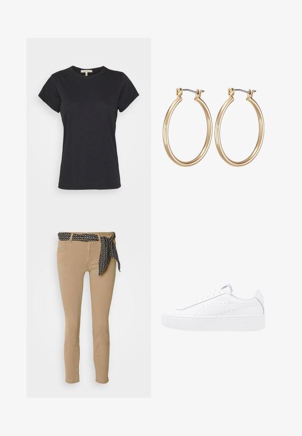 Sort kortærmet T-shirt lavet af blødt bomuld, med rund halsudskæring og et enkelt, rent design med en let afslappet pasform.; Beige skinny jeans med en sort mønstret talje og matchende bånd. Har fem lommer og en glat, bomuldsblandet tekstur.; Hvide platform sneakers med overdel i læder, rund tå og snørelukning. Har sidelufthuller og diskret branding på hælen.; Guldfarvede metal hoops øreringe med et glat, cirkulært design og en sikret hængsel-lukning. Letvægts med en poleret overflade.