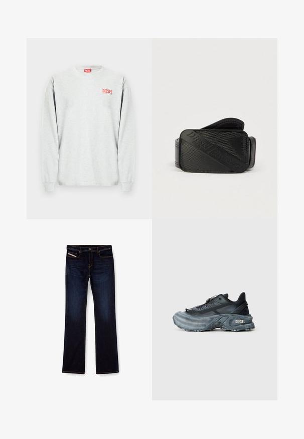 Sweat-shirt gris à manches longues en mélange de coton, avec un logo "DIESEL" rouge sur la poitrine gauche et des poignets côtelés. Design basique avec col rond.; Jean en denim bleu foncé avec une coupe droite, présentant des coutures orange, une fermeture éclair et des poches avant. Texture lisse et taille standard.; Baskets Diesel noires et grises avec semelle épaisse, système de laçage à bascule et design texturé sur fond gris clair uni.; Ceinture noire présentant un design texturé avec un logo en relief bien visible. Le matériau semble lisse avec une finition en cuir.