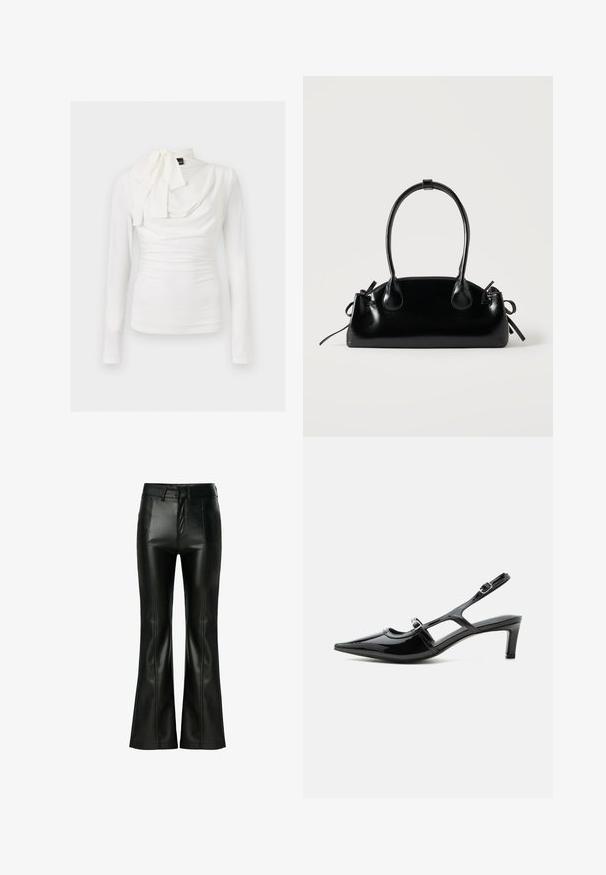 Blusa blanca ajustada de manga larga con escote drapeado y detalle de lazo atado en el lado izquierdo.; Pantalones de campana negros de cuero sintético, con una cintura alta, costuras visibles y un acabado liso y brillante.; Zapato slingback de charol negro con punta puntiaguda, tacón bajo y dos correas ajustables con hebillas, mostrado de perfil lateral.; Pequeño bolso negro brillante con dos asas largas y detalles de cordón lateral sobre un fondo claro liso.