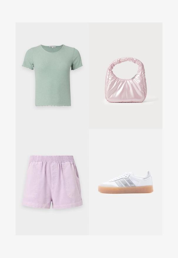 T-shirt en coton côtelé vert clair avec des manches courtes et un ourlet festonné. Présente un col rond et une texture douce.; Shorts lilas en tissu léger avec une taille élastique, dotés de deux poches avant et d'une coupe décontractée.; Baskets basses blanches avec semelle gomme, accents argentés rayés sur le côté, et fermeture à lacets, présentées sur un fond clair uni.; Sac à main rose rembourré avec un design arrondi, fabriqué à partir d'un matériau brillant. Dispose d'une poignée froncée et d'une fermeture éclair pour un accès sécurisé.