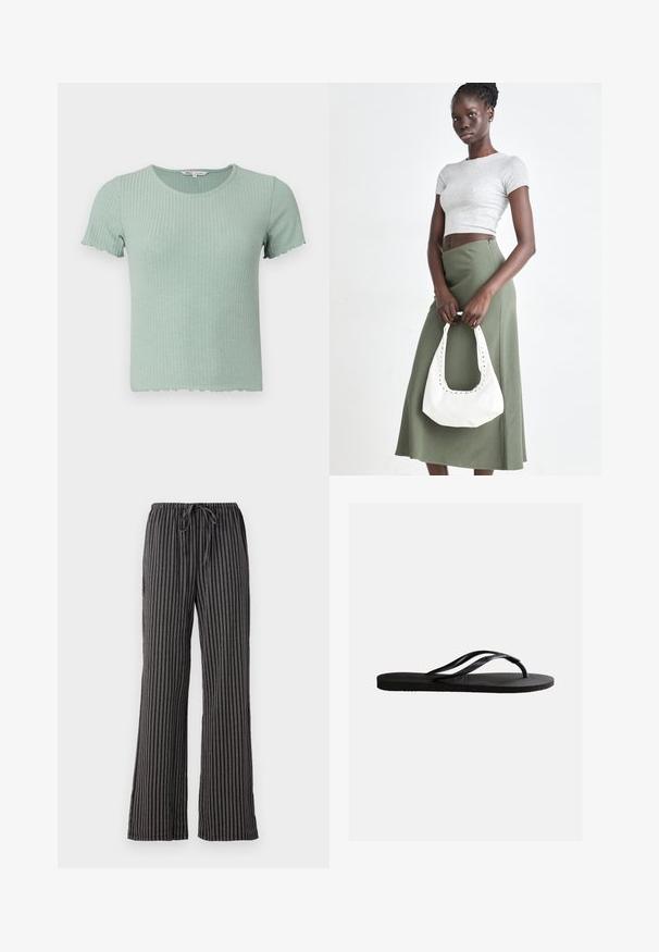 T-shirt en coton côtelé vert clair avec des manches courtes et un ourlet festonné. Présente un col rond et une texture douce.; Pantalons de pyjama rayés noir et blanc, avec une taille à cordon, des jambes larges et un tissu doux et texturé avec des lignes verticales.; Sandale tong en caoutchouc noir avec semelle texturée et fines brides en Y sur un fond blanc uni.; Top court rayé gris et jupe taille haute verte olive. Le mannequin tient un sac à bandoulière blanc avec des découpes. Design simple, silhouette ajustée.