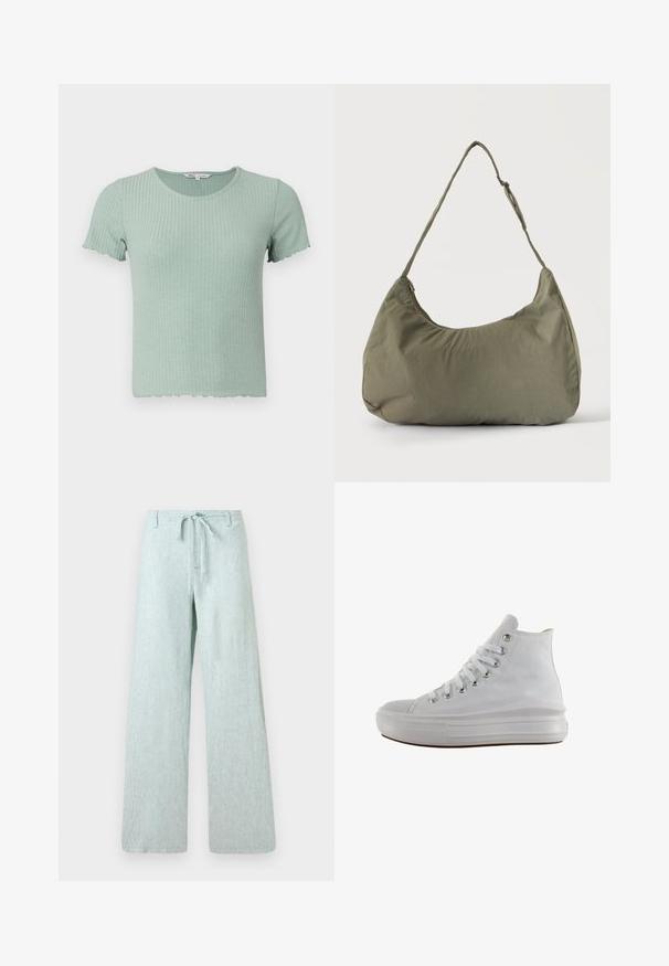 Camiseta de algodón acanalada verde claro con mangas cortas y dobladillo en forma de ola. Presenta un escote redondo y una textura suave.; Pantalones anchos de color verde claro, hechos de una tela texturizada. Cuentan con una cintura con cordón y un cierre de botón, con rayas verticales en toda su superficie.; Zapatilla de lona blanca de caña alta con cordones blancos, ojales metálicos, suela gruesa de goma y puntera texturizada, mirando hacia la izquierda sobre un fondo blanco.; Bolso de hombro de tela suave color verde oliva con cierre de cremallera y correa ajustable sobre un fondo liso y claro.
