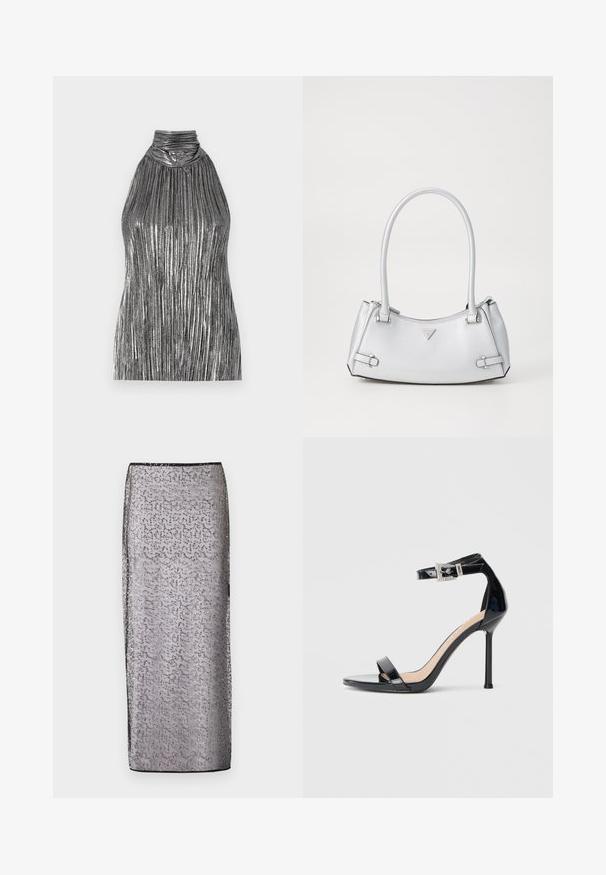 Top sin mangas de color plata metálico con cuello alto, que presenta pliegues verticales y un cuerpo recogido para aportar textura y dimensión.; Larga falda ajustada de tejido plateado transparente con un patrón sutil y acentos brillantes. Presenta una cinturilla y un dobladillo negros.; Sandalia de tacón alto en piel sintética negra con correa en el tobillo. Presenta un diseño minimalista, punta abierta y una hebilla con detalles de pedrería.; Bolso de mano plateado con un diseño estructurado, que cuenta con dos asas, textura brillante, herrajes de acento y un logo triangular en la parte frontal.