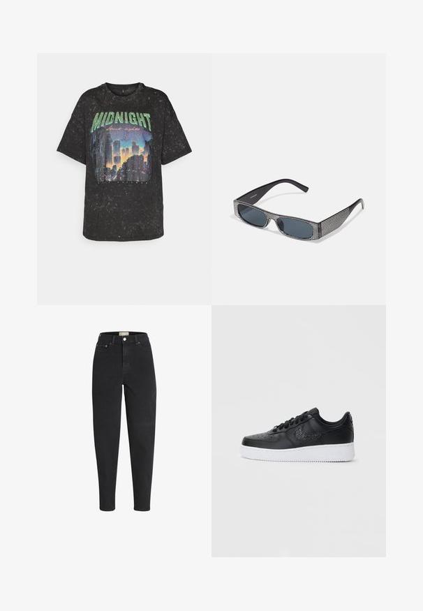 ONLY ONLLUCCA LIFE NIGHT TOP BOX - Tričko s potlačou - black print/midnight good; Čierne rifle s vysokým pásom, zúženým strihom, predným zapínaním na gombík a zips, prednými aj zadnými vreckami a detailmi z kovových nitov.; Čierne kožené tenisky s perforovanou špičkou, bielou gumovou podrážkou a textúrovaným logom Nike. Obsahujú okrúhle šnúrky a polstrovaný golier.; Čierne slnečné okuliare s šedými sklami, so sieťovým vzorom malých kovových kamienkov pozdĺž rámov. Hladký povrch, ostrý dizajn.