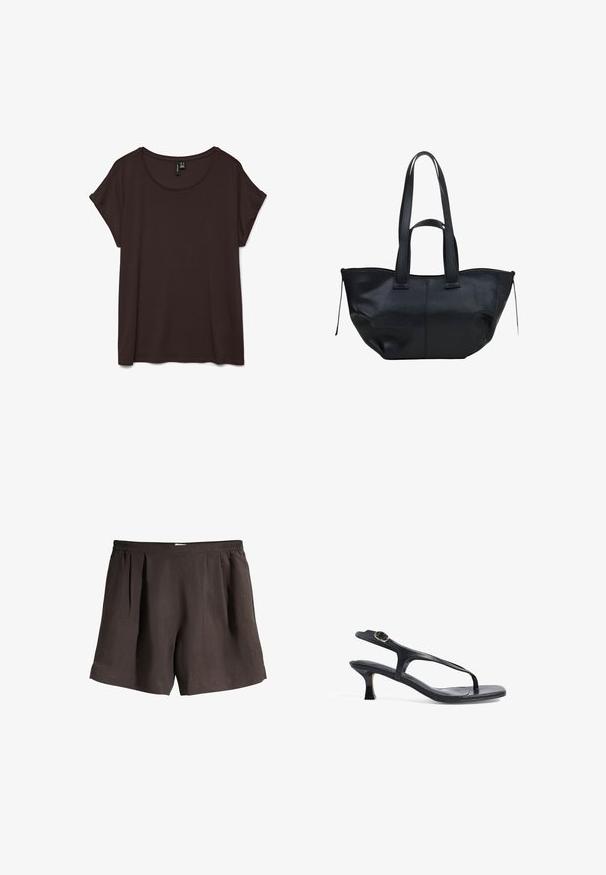 Dunkelbraunes, kurzärmliges T-Shirt mit rundem Ausschnitt und weichem Stoff. Verfügt über einen lockeren Schnitt und aufgerollte Ärmel für zusätzlichen Komfort.; Schwarze Shorts mit hoher Taille, elastischem Bund und vorderen Falten, aus leichtem Stoff gefertigt.; Schwarze Ledersandale mit schlankem Design, dünnen Riemen und einem kleinen Absatz. Verfügt über eine Schnallenakzent und eine glatt strukturierten Fußbett.; Schwarze Ledertasche mit glatter Textur, robusten Doppelgriffen und geräumigem Design. Verfügt über seitliche Schnürbindungen für eine verstellbare Form.