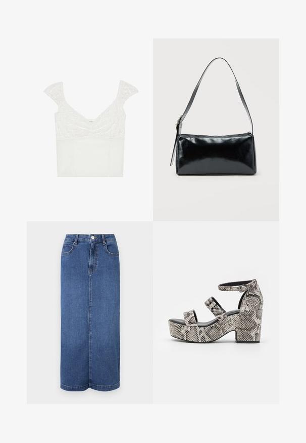 Weißes Oberteil mit einem oberen Abschnitt aus Spitze und einem glatten unteren Abschnitt. Es hat kurze, geschwungene Ärmel und ein V-Ausschnitt-Design.; Maxi-Rock aus Denim in Dunkelblau, mit geradem Schnitt, Bund mit Knopfverschluss und minimalistischen Nähten.; Marks & Spencer High Heel Sandalette - grey mix; Schwarze rechteckige Schultertasche mit einem verstellbaren Riemen und einem oberen Reißverschluss vor einfachem Hintergrund.