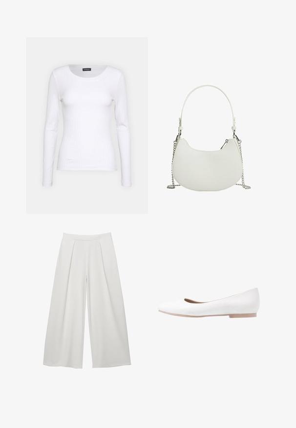 T-shirt à manches longues blanc côtelé avec un col rond. Fabriqué en un tissu extensible qui épouse le corps. Présente de fines lignes horizontales.; Pantalon blanc à jambes larges avec taille haute et plis à l'avant, conçu pour une coupe ample et fluide.; Chaussure plate blanche avec un extérieur en cuir lisse, bout rond, profil bas et semelle rose subtile. Design minimaliste, sans embellissements visibles.; Sac à main synthétique blanc de forme courbée, avec une bandoulière en chaîne et un design minimaliste. Texture lisse avec des accents en métal argenté.