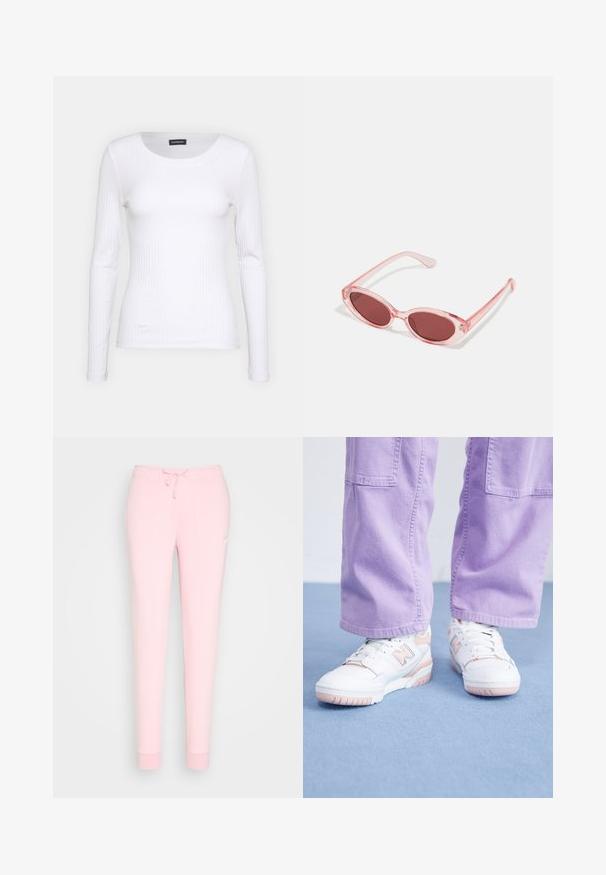 Witte geribbelde langemouwen top met een ronde halslijn. Gemaakt van een rekbare stof die het lichaam volgt. Heeft subtiele horizontale lijnen.; Lichtroze joggingsbroek met een trekkoord in de taille, taps toelopende pijpen en een geborduurd logo op de dij. Zachte, gladde stoftextuur.; Witte sneakers met roze accenten, bovenkant van gestructureerd leer en rubberen zool, gecombineerd met lichtpaarse wijde broek op een blauwe ondergrond.; Roze transparante zonnebril met ovale lenzen, donkerrode tint en slanke pootjes, met een gladde afwerking en subtiele details op het frame.