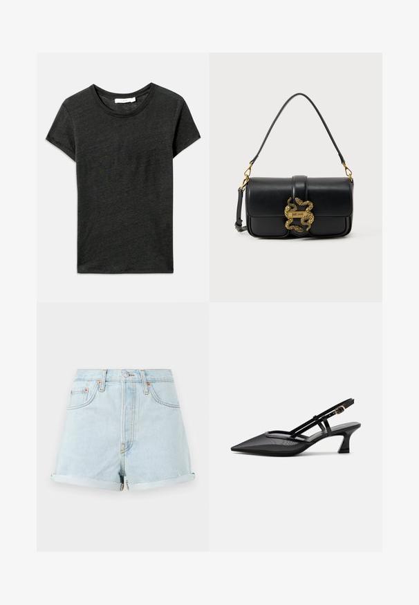 Mørkegrå kortærmet t-shirt, rund hals, fremstillet af blødt, tekstureret stof med en afslappet pasform. Ingen synlige mønstre eller metaldele.; Lyseblå denim shorts med høj talje, opadvendte manchetter, kobbernitter og en frontlynlås. Har klassisk fem-lomme stil.; Sort spids tå slingback-sko med mesh-øverdel, tynde stropper, guldlås og lav buet hæl på hvid baggrund.; Sort skuldertaske i læder med guldfarvet dobbelt slange-lås og "Just Cavalli" logo på frontklappen.