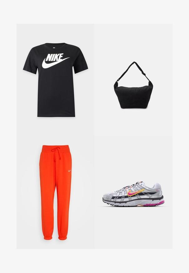 Čierne tričko s krátkym rukávom s veľkým bielym logom Nike a symbolom swoosh na hrudníku na jednofarebnom pozadí.; Nike Sportswear W PHNX FLC HR OS - Tepláky - picante red/sail; Šedé bežecké topánky z materiálu mesh s charakteristickým ružovým a žltým piktogramom, čiernymi akcentmi a textúrovanou gumovou podrážkou. Obsahujú zosilnenú špičku a polstrovaný golier.; Čierna textilná ramenná taška s mäkkým štruktúrovaným povrchom, zaobleným tvarom a jedným popruhom. Minimalistický dizajn bez viditeľného hardvéru alebo akcentov.