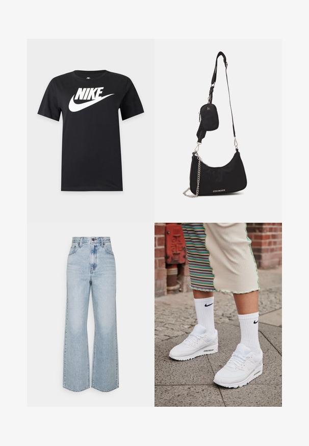 T-shirt noir à manches courtes avec un grand logo blanc Nike et un swoosh sur la poitrine sur un fond uni.; Jean large en denim bleu clair avec taille haute, design classique à cinq poches et couture contrastante. Détail de ourlet brut en bas.; Baskets Nike Air Max 90 blanches avec une tige en maille et cuir, dotées d'une unité d'air visible, accompagnées de chaussettes blanches côtelées avec un logo noir.; Sac en nylon noir à l'épaule avec une forme incurvée, accent en chaîne argentée, pochette mini amovible et bandoulière ajustable ; présente le logo "Steve Madden".
