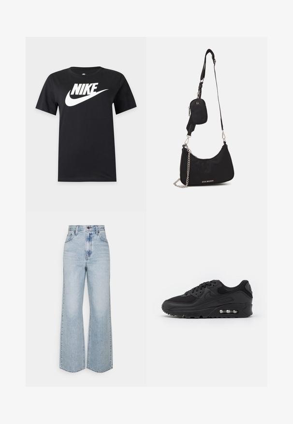 Schwarzes T-Shirt mit kurzen Ärmeln und großem weißem Nike-Logo sowie Swoosh über der Brust auf einfarbigem Hintergrund.; Helle blaue Jeans im weiten Schnitt mit hoher Taille, klassischem Fünf-Taschen-Design und kontrastierenden Nähten. Unfinished Saum am unteren Ende.; Schwarze sportliche Sneaker mit einem oberen Teil aus glattem Leder und Mesh, runder Zehenpartie, strukturierten Akzenten und einer sichtbaren Luftpolsterung in der Sohle.; Schwarze Nylon-Umhängetasche mit geschwungener Form, silbernem Kettenakzent, abnehmbarem Mini-Pouch und verstellbarem Trageriemen; mit "Steve Madden"-Logo.