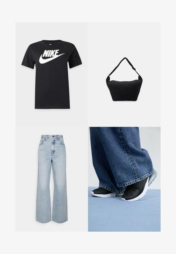 Camiseta negra de manga corta con un gran logo blanco de Nike y el swoosh en el pecho sobre un fondo liso.; Jeans anchos de mezclilla de un azul claro con una cintura alta, diseño clásico de cinco bolsillos y costuras en contraste. Detalle de dobladillo sin terminar en la parte inferior.; Zapatillas deportivas negras con detalles de malla, suela blanca y amortiguación de aire visible, combinadas con jeans de pierna ancha de mezclilla azul.; Bolso de hombro de tela negro con una superficie suave y texturizada, forma redondeada y una sola correa. Diseño minimalista sin hardware ni acentos visibles.
