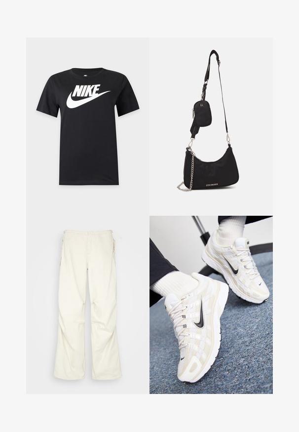 Schwarzes T-Shirt mit kurzen Ärmeln und großem weißem Nike-Logo sowie Swoosh über der Brust auf einfarbigem Hintergrund.; BDG Urban Outfitters BAGGY - Stoffhose - cream; Weiße und beige Nike-Sneaker mit einem Obermaterial aus Mesh, strukturiertem Overlay, schwarzem Swoosh und einer gepolsterten Sohle mit rutschfester Außensohle.; Schwarze Nylon-Umhängetasche mit geschwungener Form, silbernem Kettenakzent, abnehmbarem Mini-Pouch und verstellbarem Trageriemen; mit "Steve Madden"-Logo.