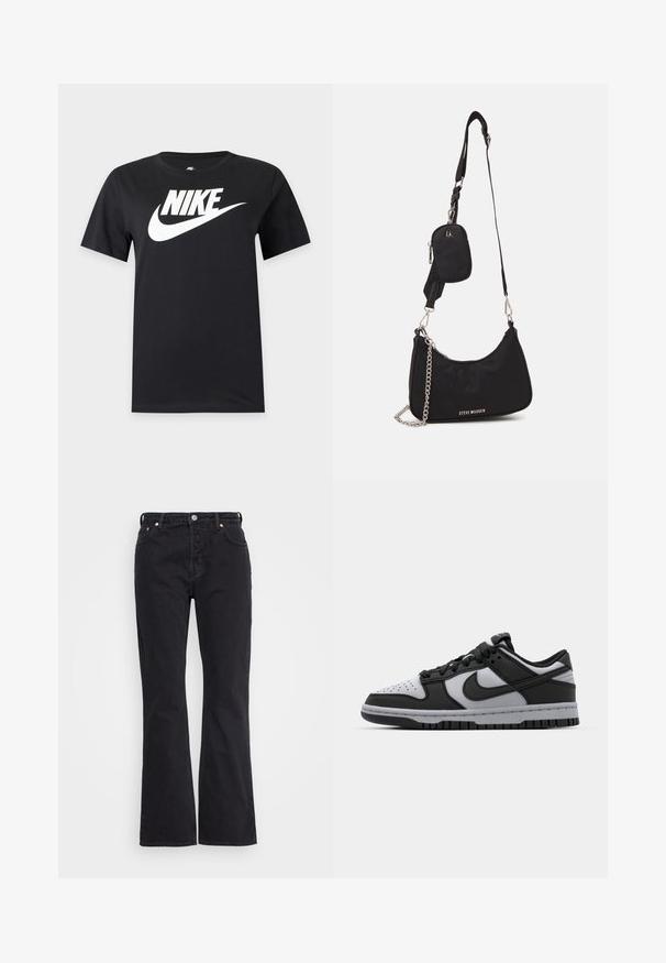 Čierne tričko s krátkym rukávom s veľkým bielym logom Nike a symbolom swoosh na hrudníku na jednofarebnom pozadí.; Weekday PIN - Džínsy s rovným strihom - black; Čierne a šedé nízke tenisky Nike Dunk s perforovanou špičkou, hladkými koženými akcentmi a gumovou podrážkou so štruktúrovaným dezénom.; Čierna nylonová taška cez rameno so zakriveným tvarom, strieborným reťazovým akcentom, odnímateľnou mini taškou a nastaviteľným popruhom; má logo "Steve Madden".