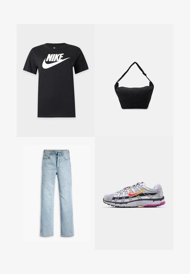 Melns T-krekls ar īsām piedurknēm ar lielu balto Nike logotipu un swoosh uz krūtīm uz viendabīga fona.; Gai zilā džinsu bikses ar taisnu kāju dizainu, piecu kabatu stilu, metāla pogām un nedaudz nolietotu audumu.; Pelēkie sieta skriešanas apavi ar izteiktu rozā un dzelteno zīmolzīmi, melniem akcentiem un teksturētu gumijas zoli. Iinclude pastiprinātu pirkstu daļu un mīkstinātu apkaklīti.; Melnas auduma plecu soma ar mīkstu teksturētu virsmu, noapaļotu formu un vienu siksnu. Minimāla dizaina ar nav redzamu aparatūru vai akcentiem.