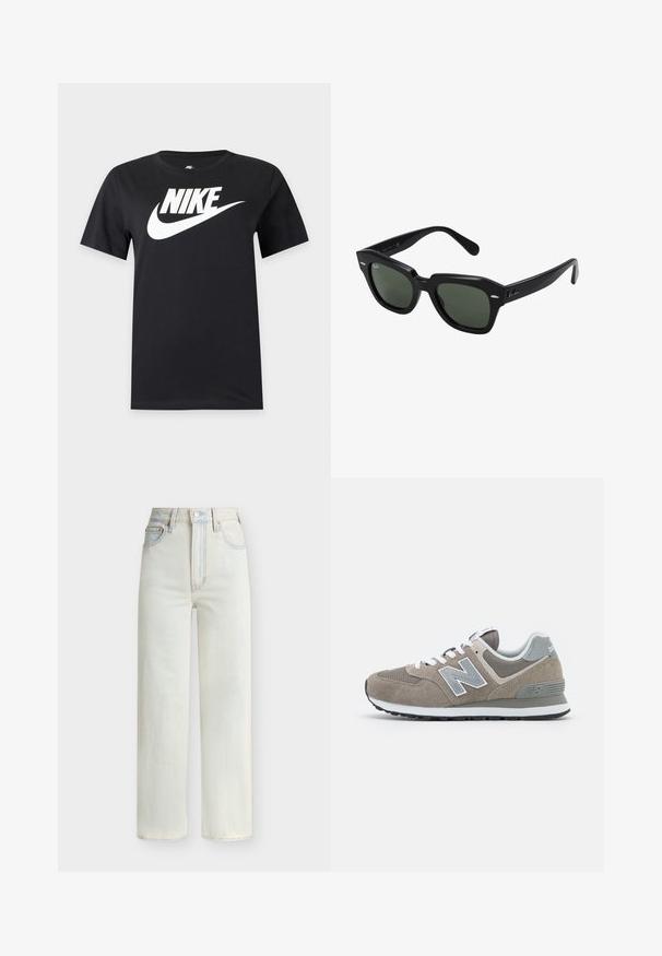Zwart T-shirt met korte mouwen met een groot wit Nike-logo en swoosh over de borst op een effen achtergrond.; Lichtblauwe denim jeans met hoge taille, rechte pijpen, vooraan sluiting met knopen en rits, en een ontwerp met vijf zakken.; Bruine suède sneakers met grijze mesh accenten, witte veters en een grijs 'N' logo. Rubber zolen met een lichte profiel voor grip.; Zwarte vierkante zonnebril met donker groene lenzen, uitgerust met gedurfde monturen en zilveren accenten aan de zijkanten. Gemaakt in Italië.