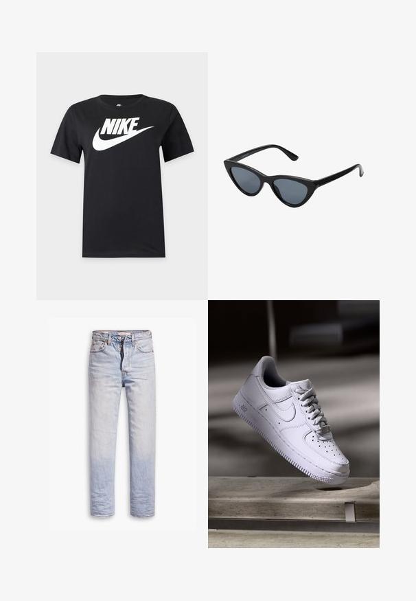Zwart T-shirt met korte mouwen met een groot wit Nike-logo en swoosh over de borst op een effen achtergrond.; Lichtblauwe denim jeans met een straight leg ontwerp, voorzien van een knoopgulp, vijf zakken en subtiele vervaging langs de benen.; Witte Nike Air Force 1 sneaker die zweeft boven een betonnen oppervlak met schaduwen in een minimalistische setting.; Zwarte cat-eye zonnebril met donkergrijze lenzen, slank plastic frame, puntige hoeken en rechte pootjes. Geen zichtbare hardware of accenten.