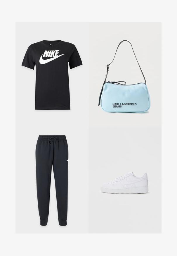 Camiseta negra de manga corta con un gran logo blanco de Nike y el swoosh en el pecho sobre un fondo liso.; Pantalones de chándal negros Nike con cinturilla elástica y cordón, piernas ajustadas, tobillos con puños y pequeño logo blanco de Nike en el muslo derecho.; Zapatillas Nike Air Force 1 blancas con parte superior de cuero, puntera redonda, cierre de cordones, cuello acolchado y suela de goma texturizada.; Bolso de hombro Light blue Karl Lagerfeld Jeans con correa ajustable negra y tirador de cremallera negro sobre fondo blanco.