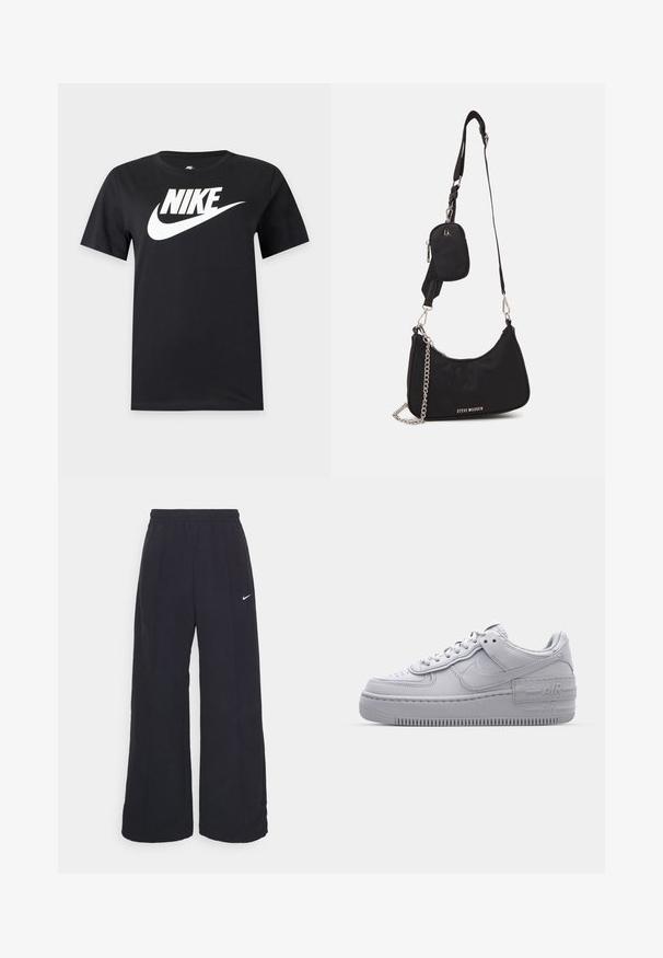 Zwart T-shirt met korte mouwen met een groot wit Nike-logo en swoosh over de borst op een effen achtergrond.; Zwarte wijde broek met een elastische tailleband en een klein wit Nike-logo. De stof heeft een soepele textuur, ontworpen voor comfort en casual gebruik.; Grijze Nike Air Force 1 sneaker met geperforeerde neus, glad leren bovenwerk, dikke zool en verhoogde 'AIR' details op de hiel.; Zwarte nylon schoudertas met een gebogen vorm, zilveren kettingaccent, afneembaar mini-zakje en verstelbare schouderband; voorzien van het "Steve Madden" logo.