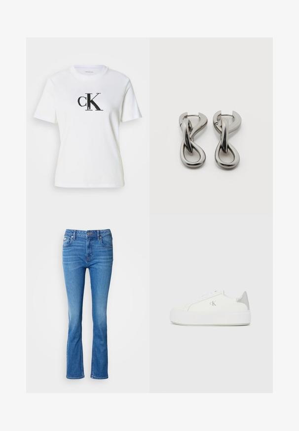 Valge puuvillane T-särk lühikeste varrukatega ja ümmarguse kaelusega. Esiküljel on must "ck" logo tekstureeritud kujundusega.; Sinine denim flared teksapüksid keskmise tõusuga vöökoht, millel on klassikaline viie tasku disain ja õrn pleekinud tekstuur põlvedel.; Valged kangast tennisekingad paksu valge tallaga, millel on metallist hõbedane aksent kandadel ja tagasihoidlik logodetail küljel.; Hõbedatoonides metallist kõrvarõngad abstraktse üksteisega põimunud aasade disainiga valgel taustal.