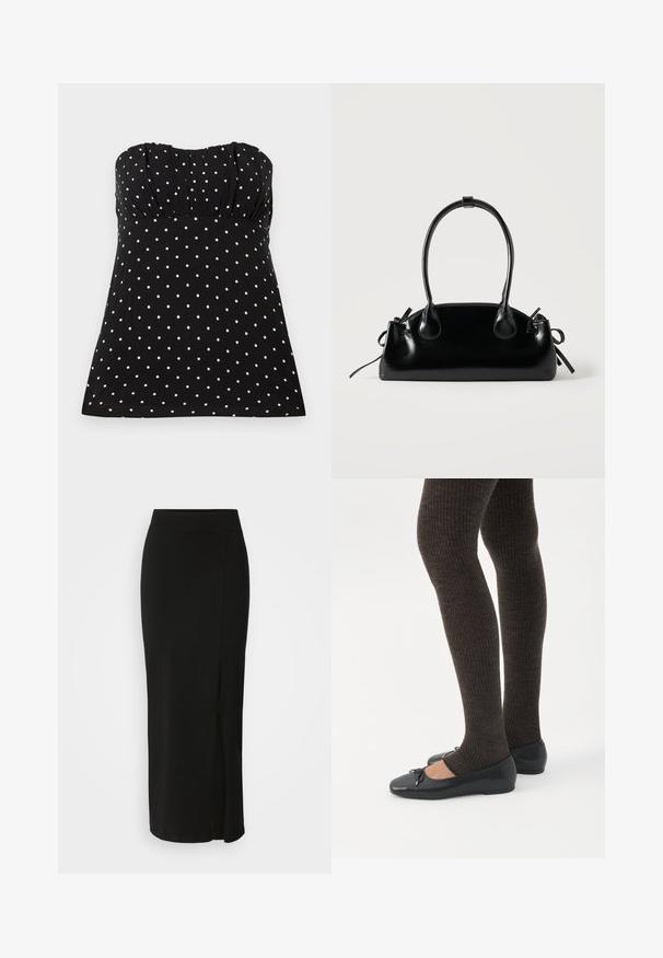 Haut noir sans bretelles avec pois blancs, présentant un tissu froncé au niveau de la poitrine, une texture lisse et une coupe décontractée.; Jupe noire, de longueur genou, fabriquée en tissu doux et extensible. Elle possède une taille ajustée et une fente sur le côté pour faciliter les mouvements.; Jambes portant des leggings côtelés foncés associés à des ballerines noires avec de petits détails en nœud sur fond blanc.; Petit sac à main noir brillant avec deux longues anses et des détails à cordon sur les côtés sur un fond clair uni.