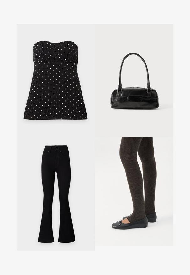 Zwarte strapless top met witte polka dots, met geplooide stof bij de borst, een gladde textuur en een ontspannen pasvorm.; Pepe Jeans FLARE CONTOUR - Flared Jeans - black denim; Benen met donkere geribbelde leggings gecombineerd met zwarte ballerina's met kleine strikdetails op een witte achtergrond.; Zwarte leren handtas met een rechthoekige vorm, voorzien van een enkele gestructureerde handgreep, zilveren hardware en ritsluiting. Gladde textuur.