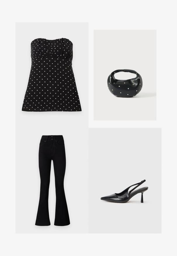 Zwarte strapless top met witte polka dots, met geplooide stof bij de borst, een gladde textuur en een ontspannen pasvorm.; Pepe Jeans FLARE CONTOUR - Flared Jeans - black denim; Zwarte leren slingback hoge hak schoenen met puntige neus en slanke hak op een witte achtergrond.; Zwarte leren handtas met een afgeronde vorm, versierd met zilveren studs, en een korte handgreep. Gladde textuur en ritsluiting.