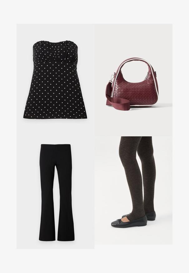 Haut noir sans bretelles avec pois blancs, présentant un tissu froncé au niveau de la poitrine, une texture lisse et une coupe décontractée.; Pantalon noir évasé en tissu extensible. Texture lisse avec une taille ajustée et des jambes évasées. Aucun motif ou ornement visible.; Jambes portant des leggings côtelés foncés associés à des ballerines noires avec de petits détails en nœud sur fond blanc.; Sac à main en cuir tressé marron foncé avec poignée courbée, garniture blanche, fermeture éclair argentée et bandoulière large en tissu amovible sur fond uni.